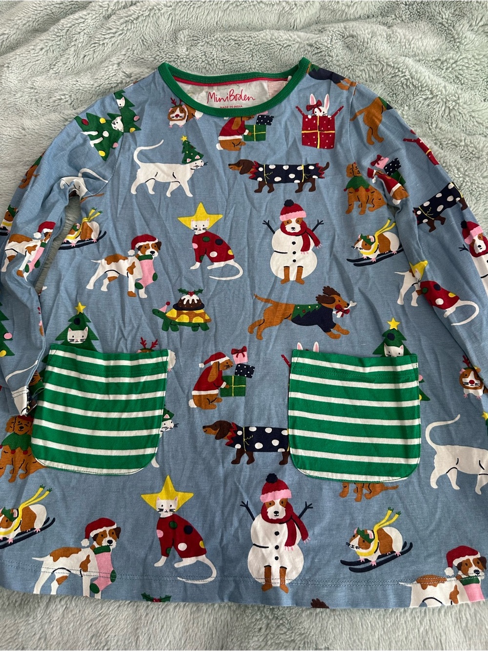 Mini Boden Light Blue Holiday Dogs Tunic/dress with Green Striped Pockets
